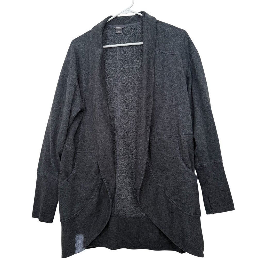 Eddie Bauer Camp Fleece‎ Wrap Cardigan Gray Sz L Relaxed Cozy Layering Cabincore